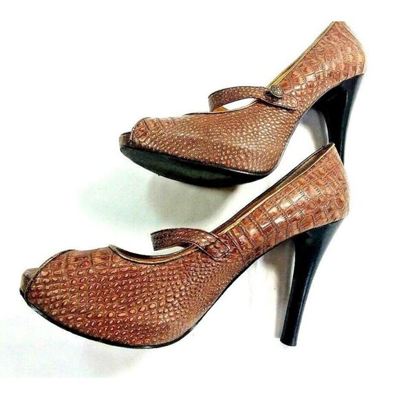 Hale Bob Womens Brown Leather Animal Print Peep Toe Mary Jane Heels size 9M - Picture 1 of 9